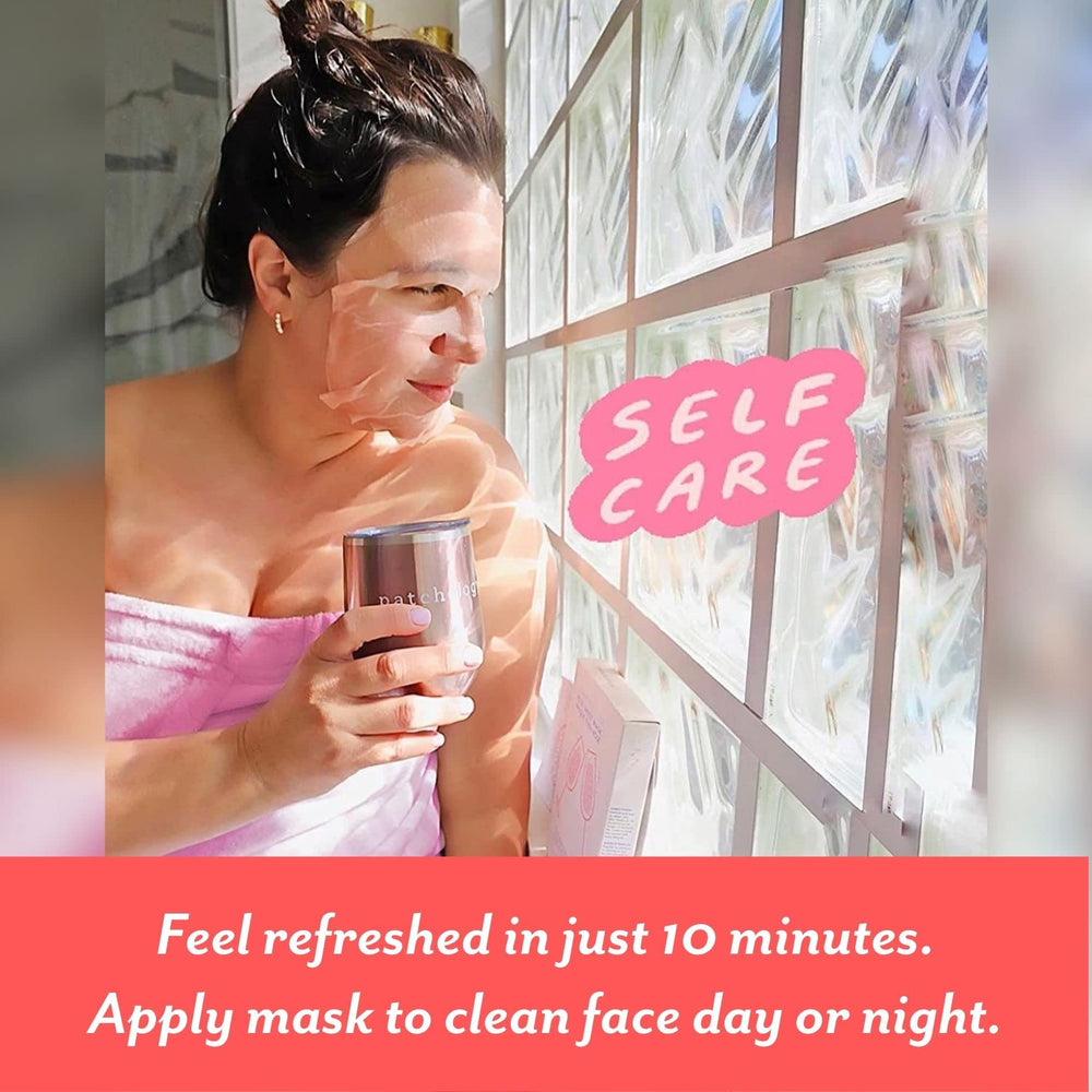 Patchology self-care spa moment in a home setting with rose mask.