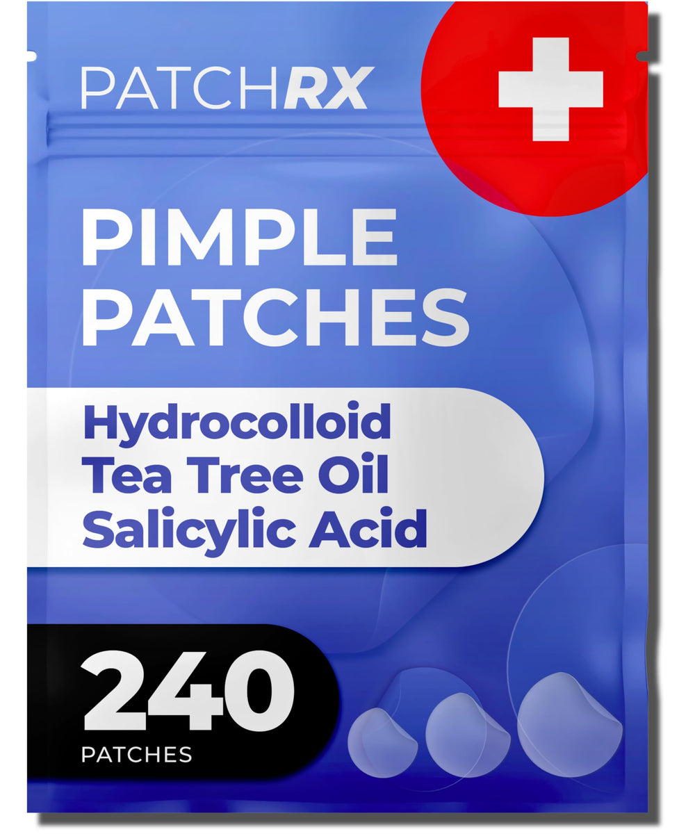 Empaque PatchRx con parches hidrocoloides para granos, uso práctico diario.