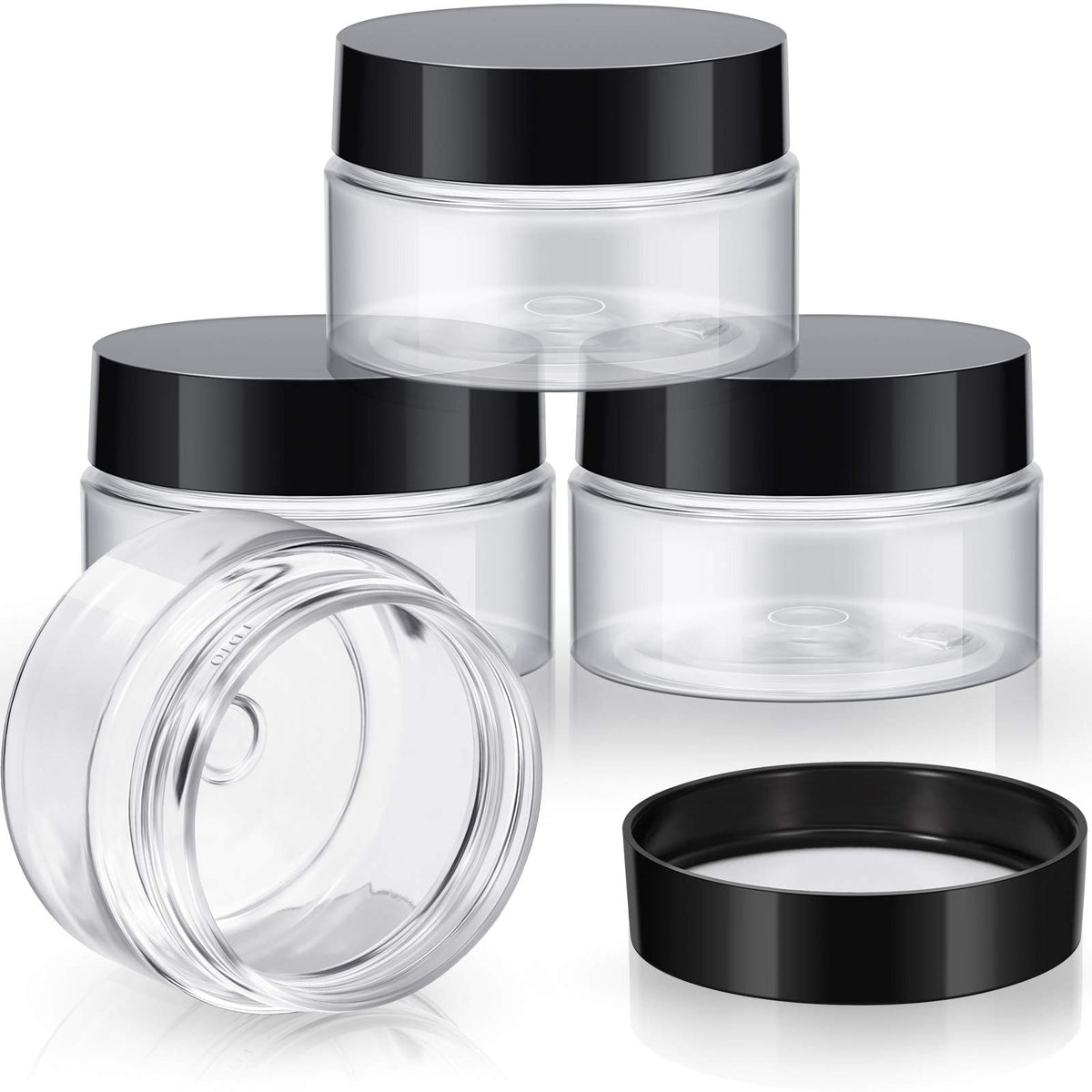 Patelai 4-pack round wide-mouth jars with black lids for travel storage and easy filling.