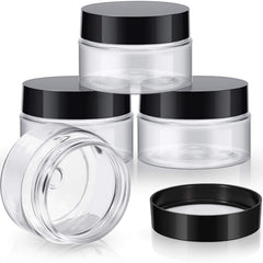 Patelai 4-pack round wide-mouth jars with black lids for travel storage and easy filling.