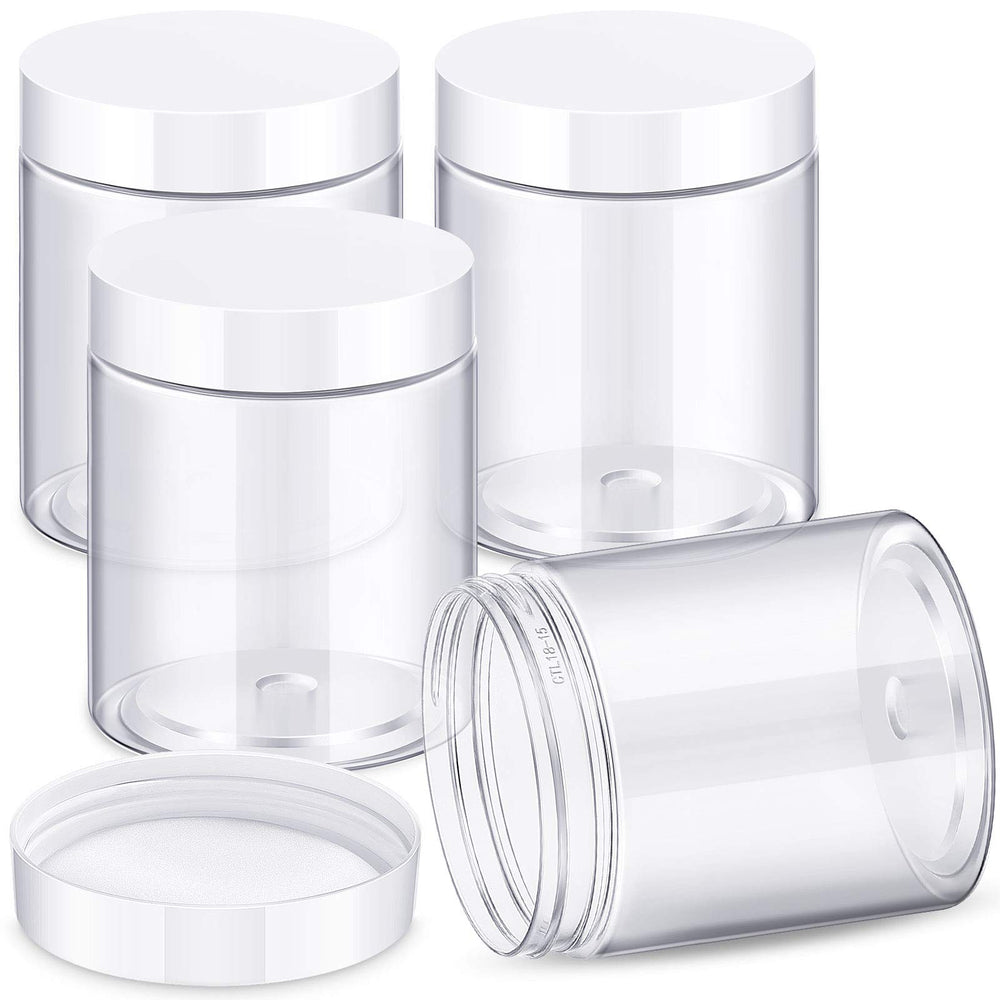 Patelai 4-piece round wide-mouth plastic jar set with lids, ideal for travel storage.