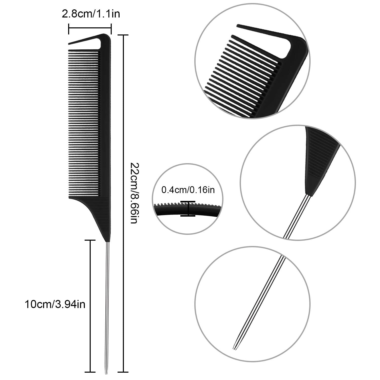 Patelai carbon fiber teasing comb with long pintail for backcombing.