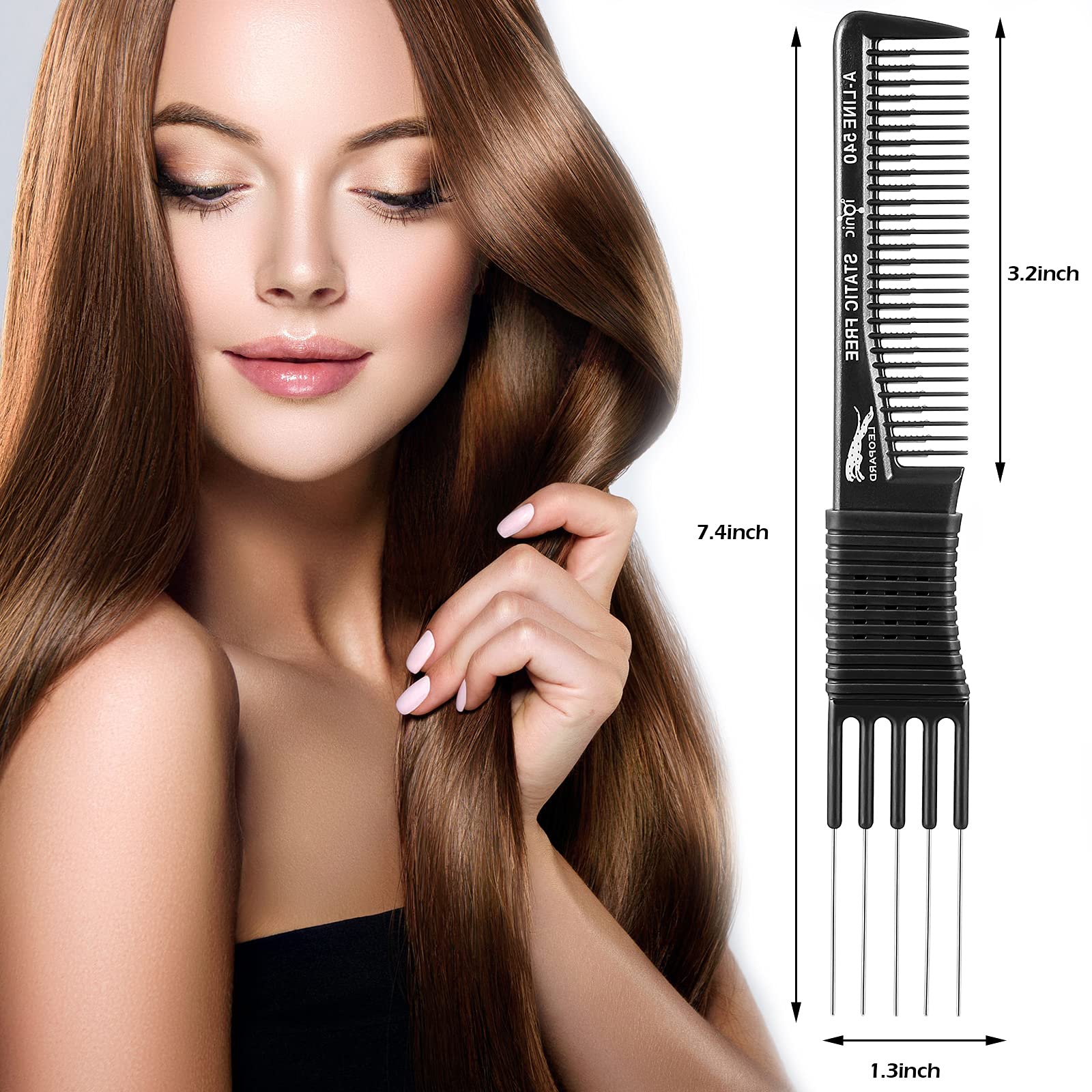 Patelai carbon lift teasing comb with metal prong for volume and control.