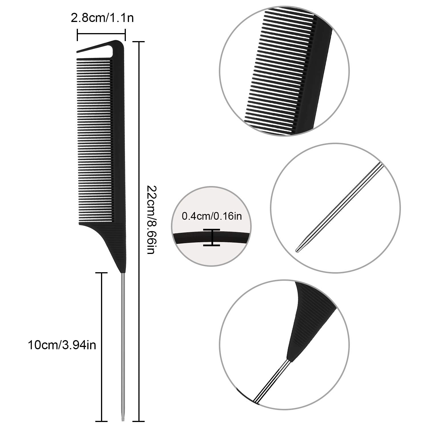 Patelai rat-tail comb close-up in carbon fiber, anti-static design for smooth detangling