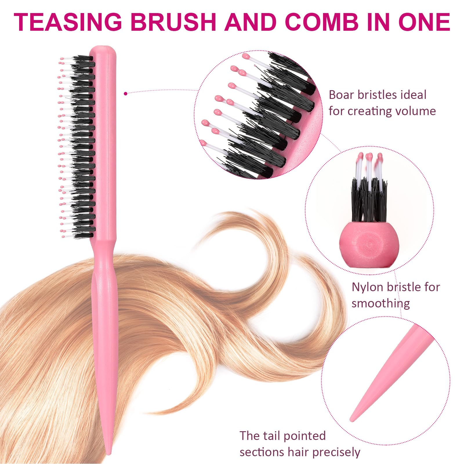 Patelai rat-tail-design teasing comb demonstrates precise parting and quick backcombing.