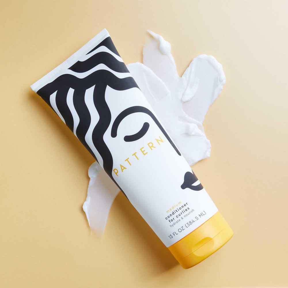 Left: bottle and jar display highlighting curl care routine.
