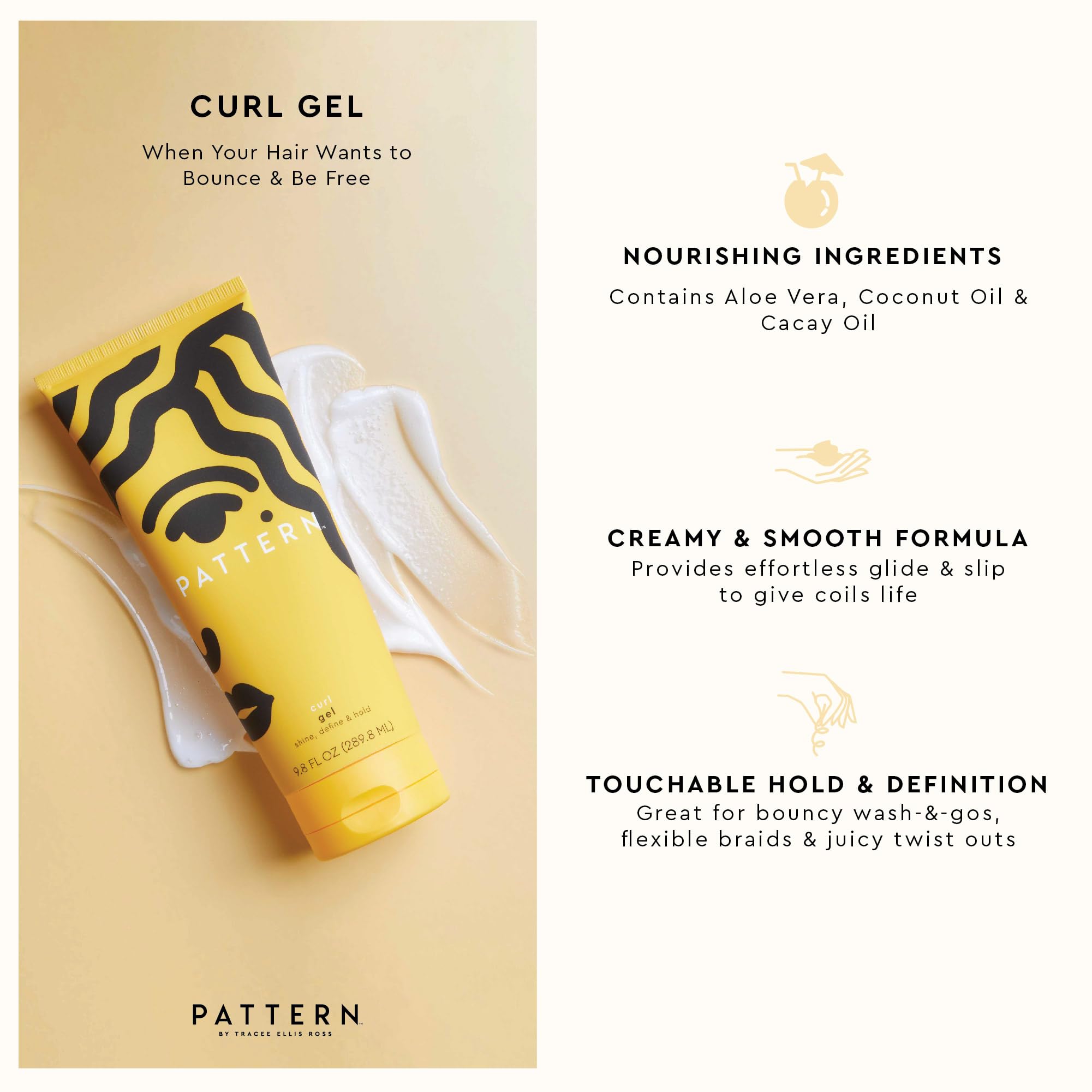 PATTERN Beauty Curl Gel applied to damp hair for wash-and-go definition.