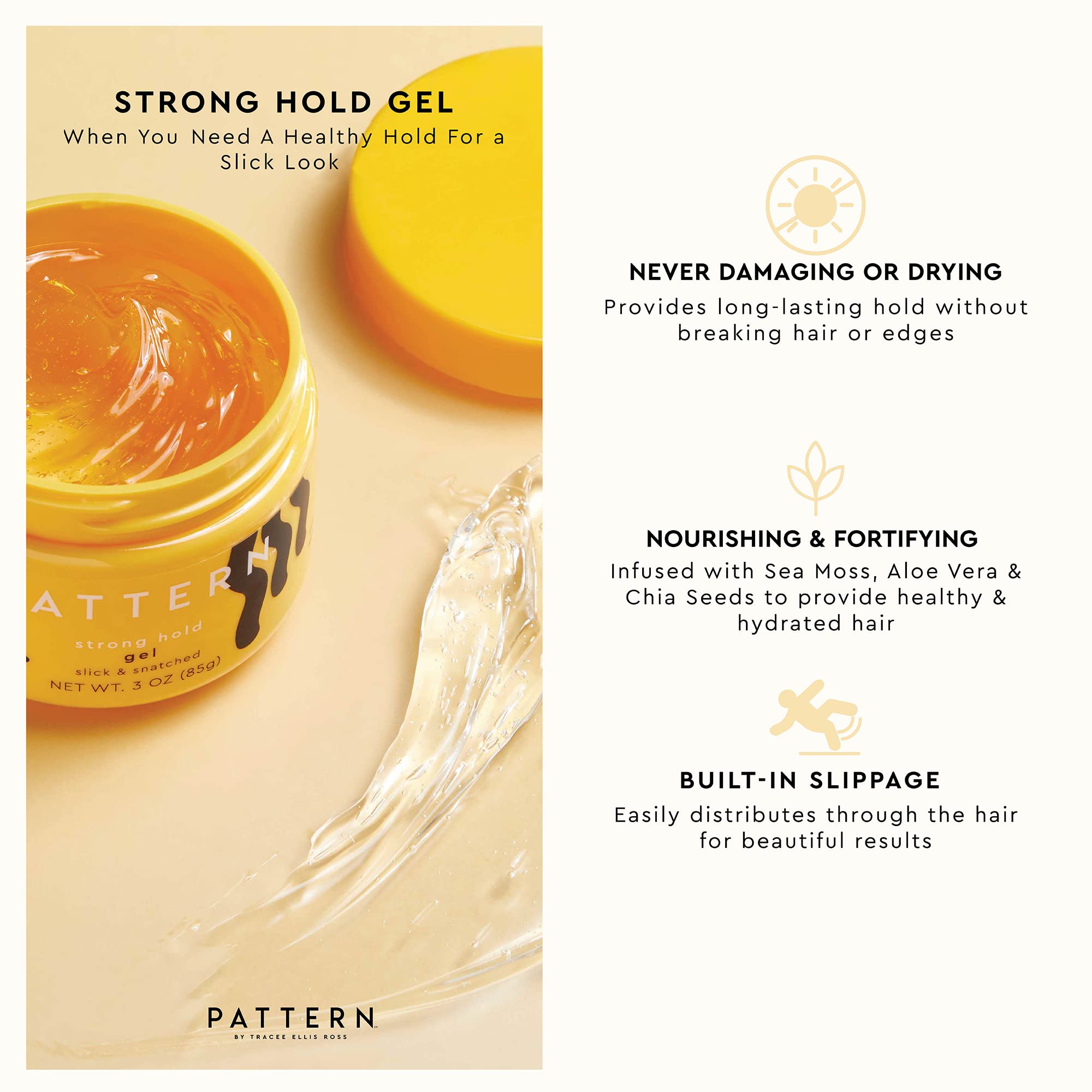 PATTERN mini gel fijador, lateral del frasco, aplicación suave para estilos lisos.