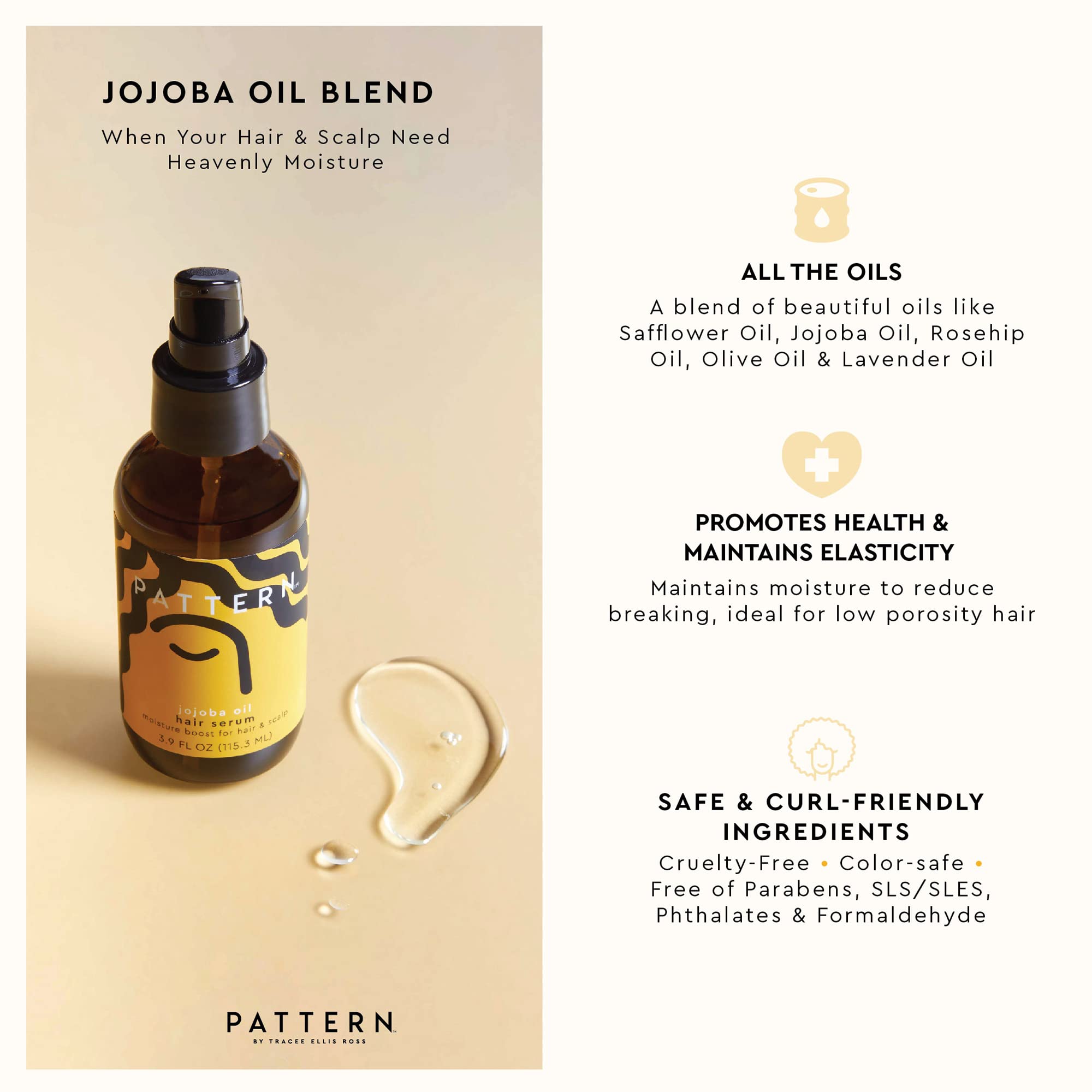 PATTERN Beauty Tracee Jojoba Serum bottle angle highlights sleek, fast-absorbing moisture