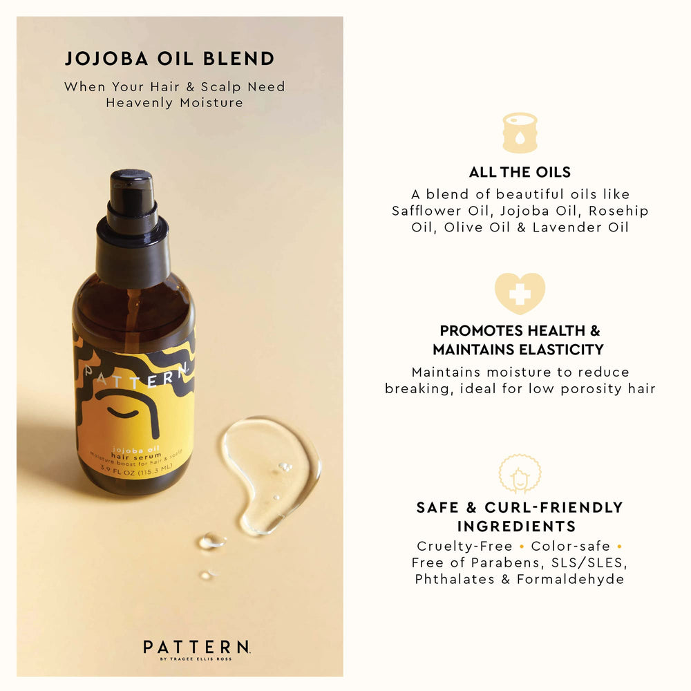 PATTERN Beauty Tracee Jojoba Serum bottle angle highlights sleek, fast-absorbing moisture