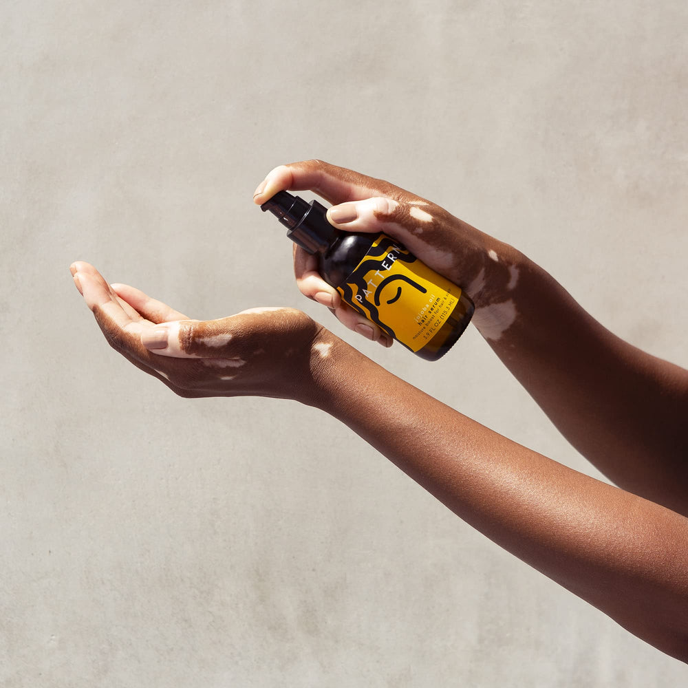 PATTERN Beauty Tracee Jojoba Serum ingredients close-up shows safflower, jojoba, rosehip oils