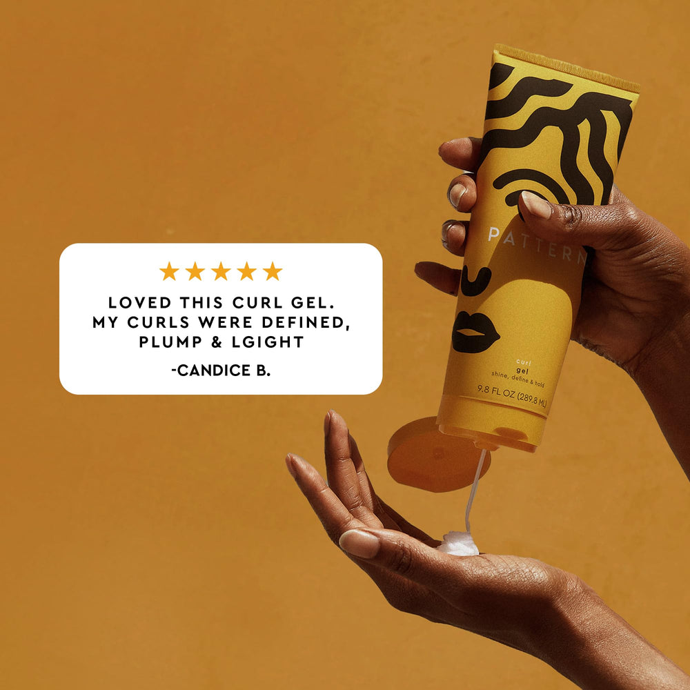 PATTERN Curl Gel bottle cap closeup emphasizes secure cap for travel-friendly use.