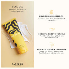 PATTERN Curl Gel label closeup highlights nourishing ingredients for defined curls.