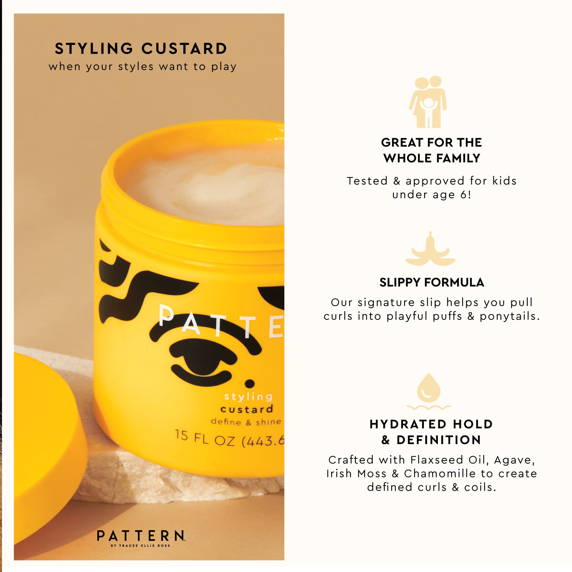 PATTERN Styling Custard provides hydrated hold for defined, glossy curls.