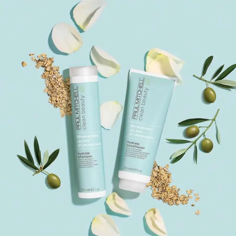 Paul Mitchell Clean Beauty Hydrate Shampoo olive-oat-peptide close-up promoting hair health.