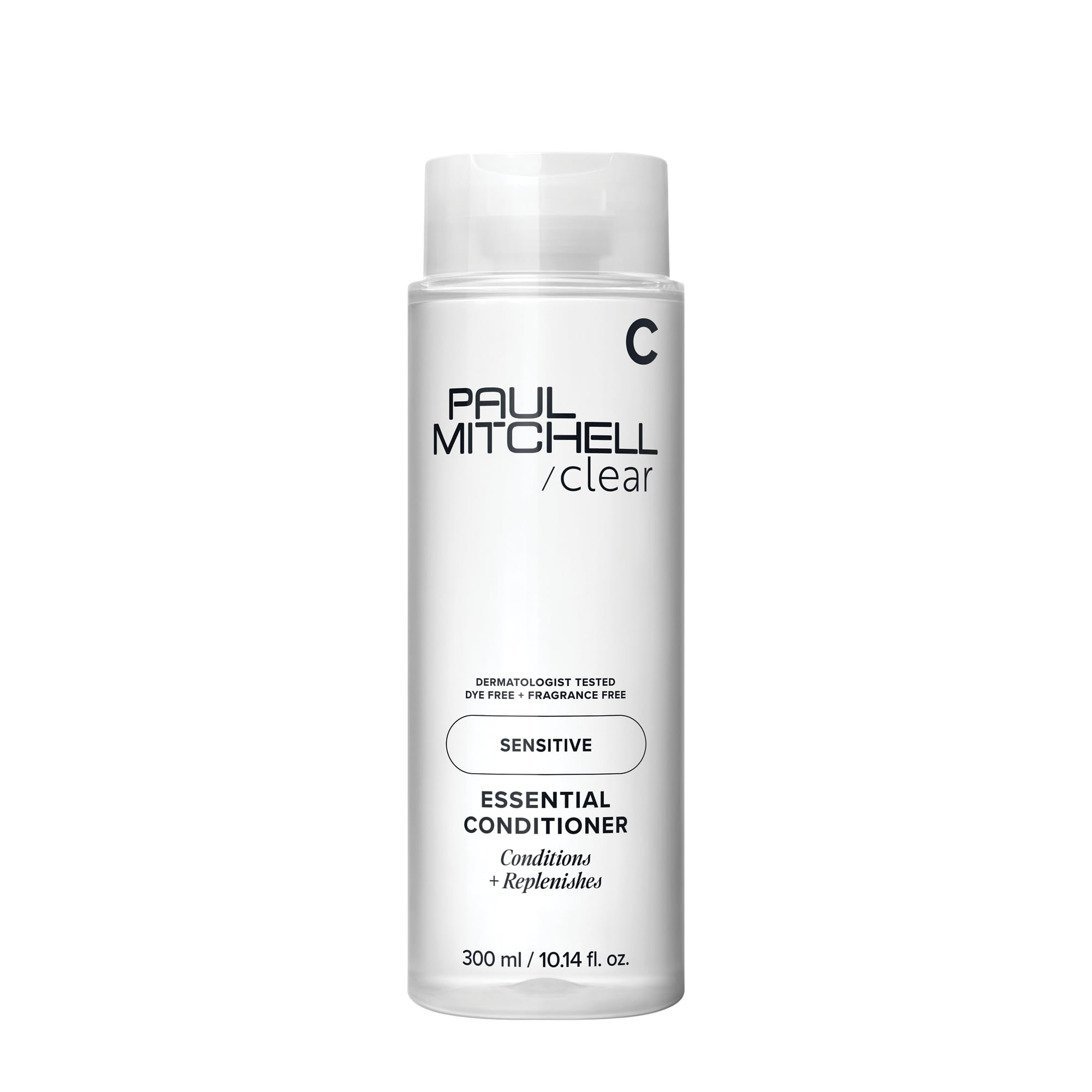 Paul Mitchell Clear Essential Condicionador sin fragancia, botella visible, cabello suave sin irritación.