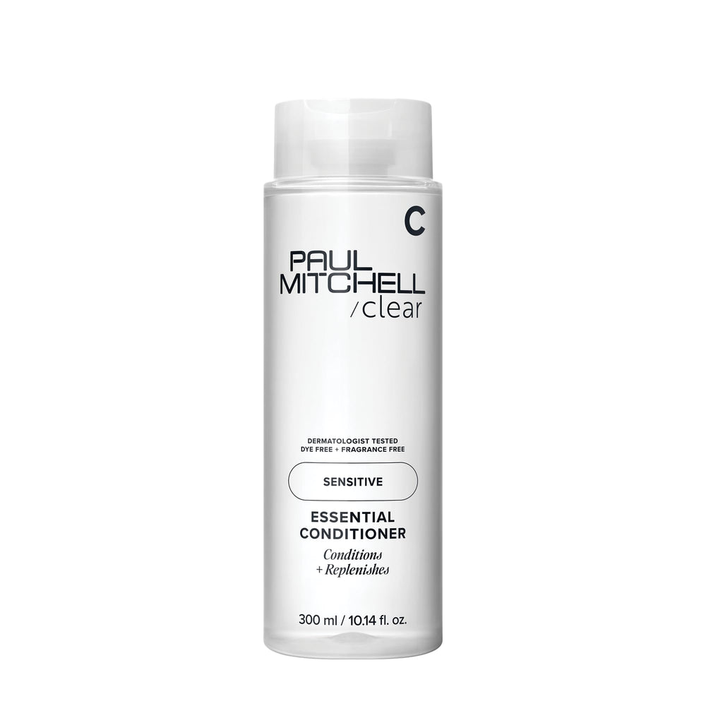 Paul Mitchell Clear Essential Condicionador sin fragancia, botella visible, cabello suave sin irritación.