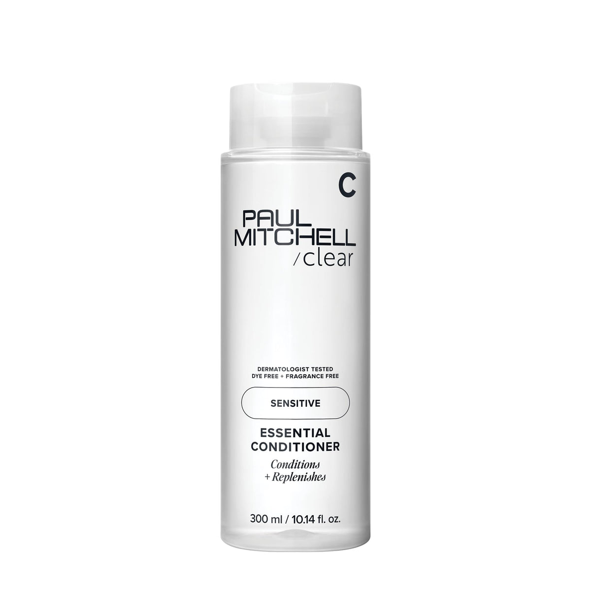 Paul Mitchell Clear Essential Condicionador sin fragancia, botella visible, cabello suave sin irritación.