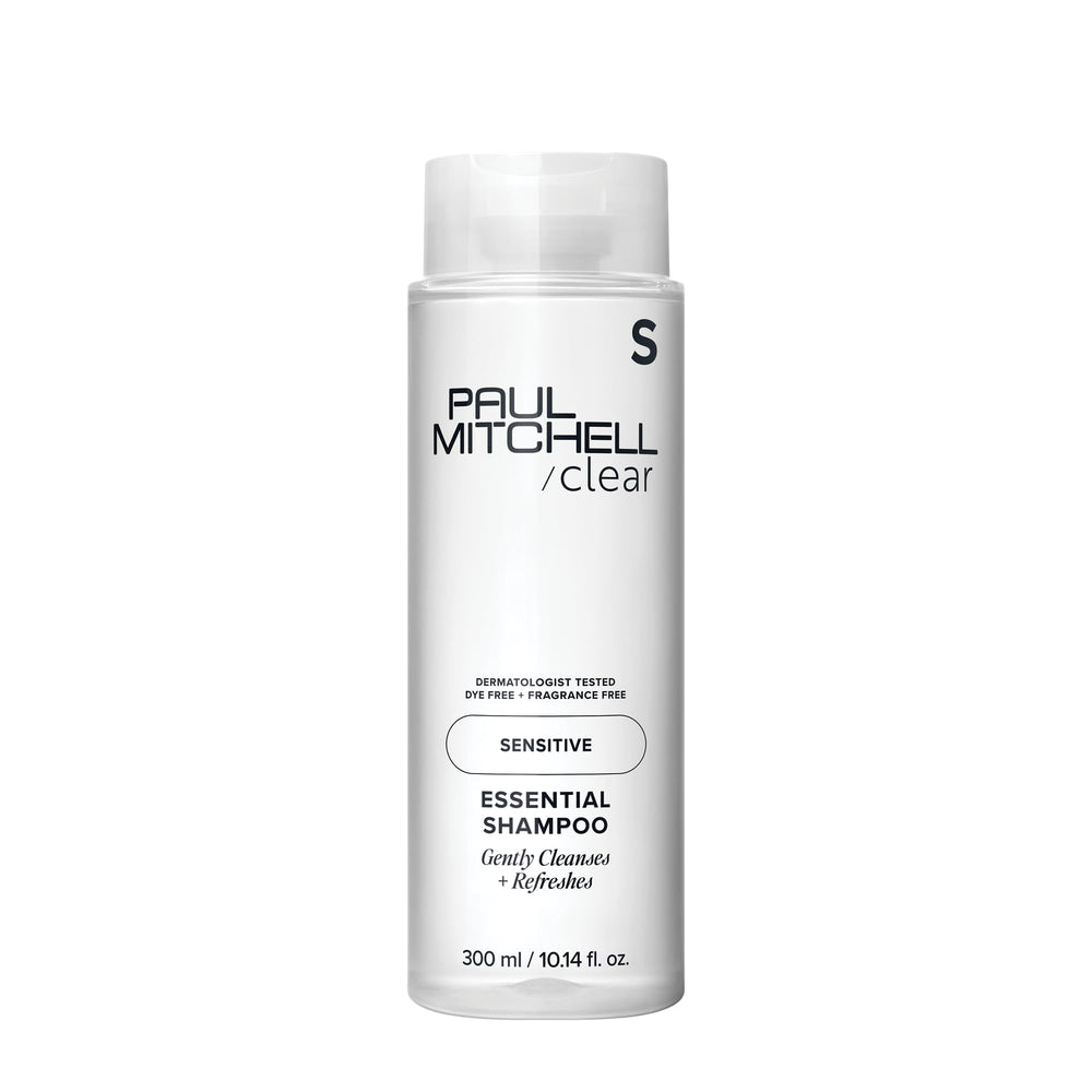 Paul Mitchell Clear Essential Shampoo sin fragancia en botella, apto para piel sensible.