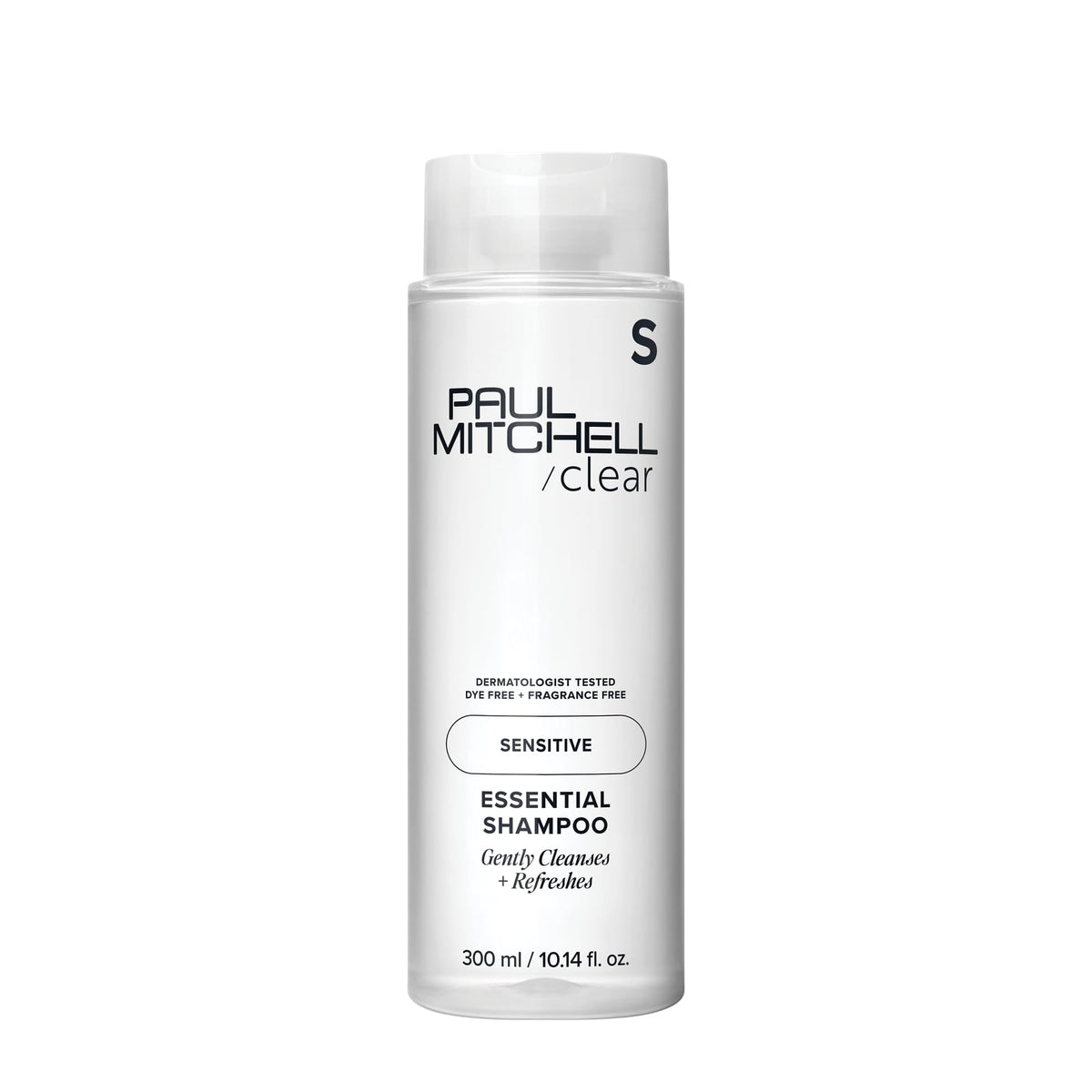 Paul Mitchell Clear Essential Shampoo sin fragancia en botella, apto para piel sensible.