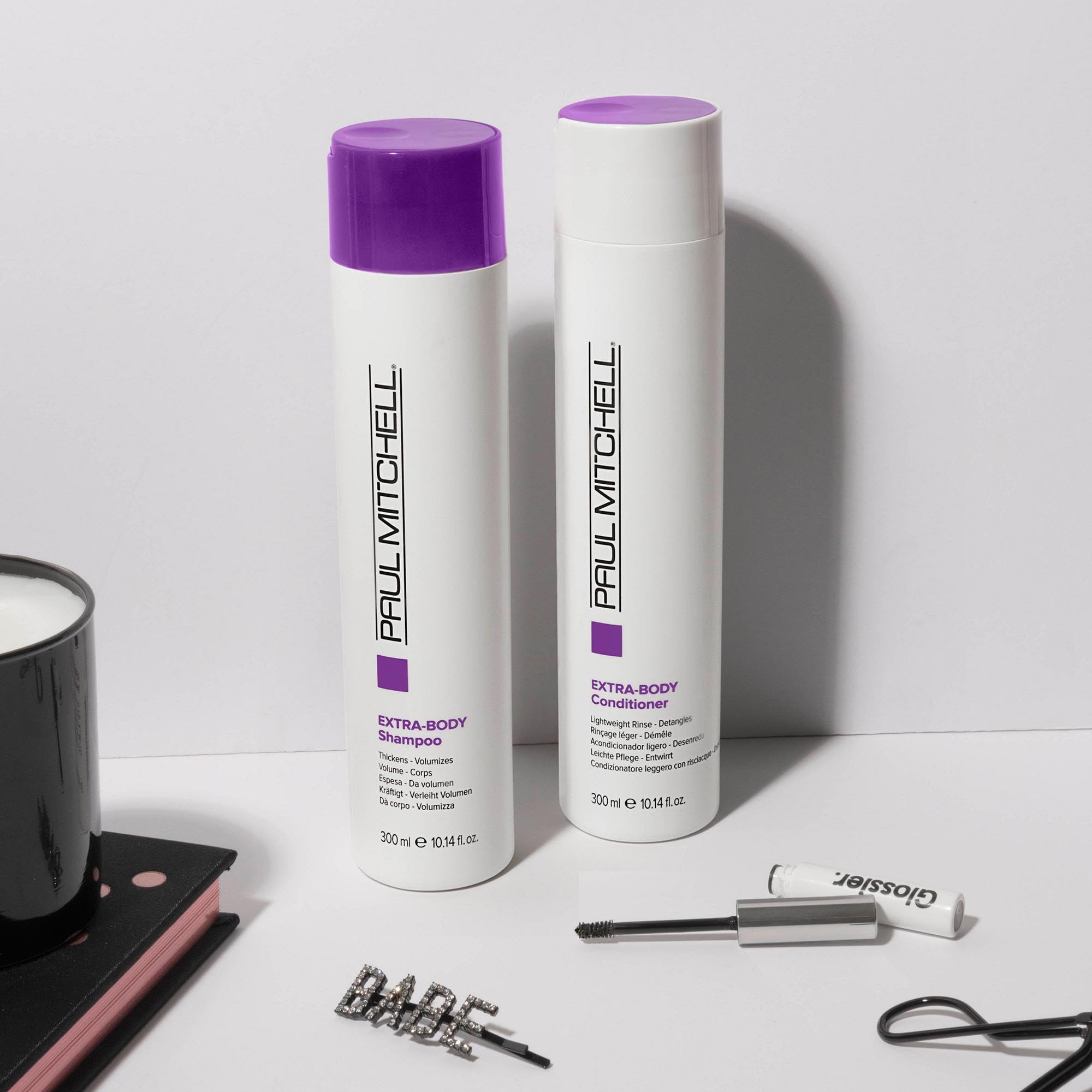 Paul Mitchell Extra-Body conditioner close-up shows silky-smooth strands