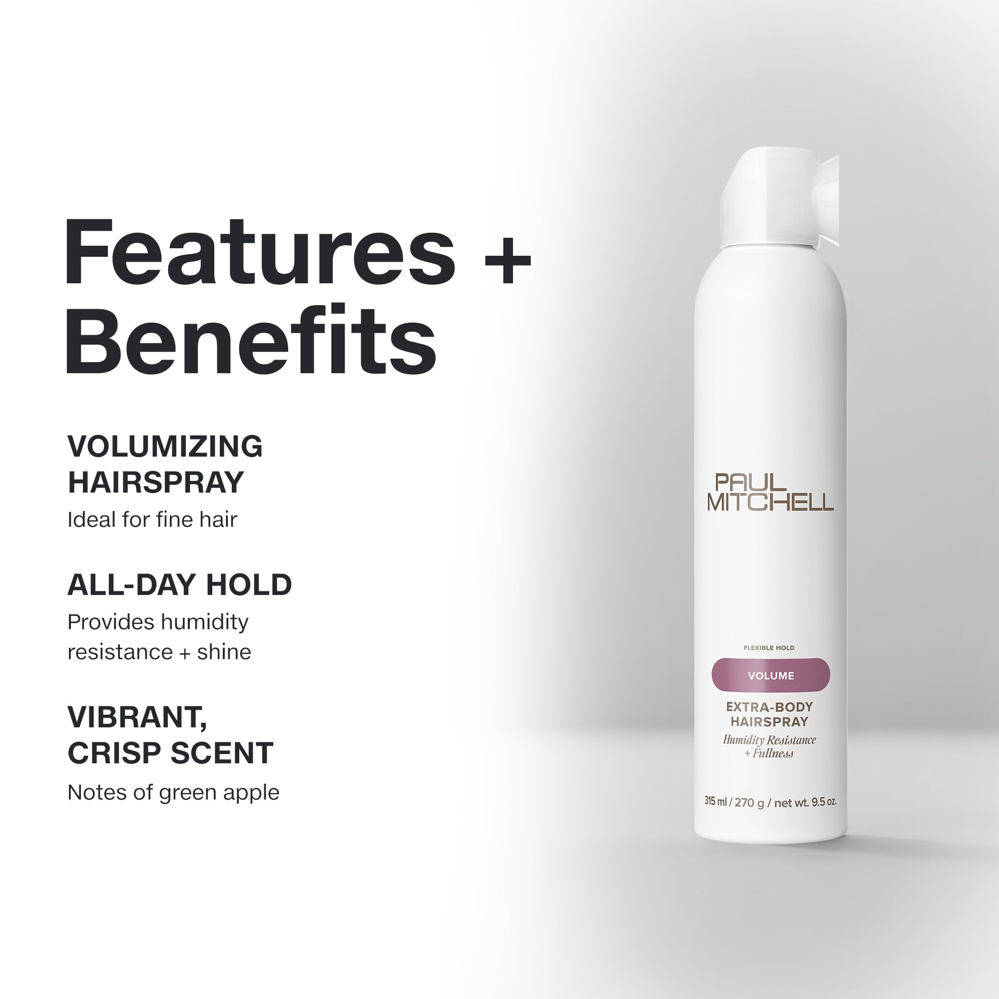 Applying Paul Mitchell Extra-Body Hairspray creates flexible hold for finished styles