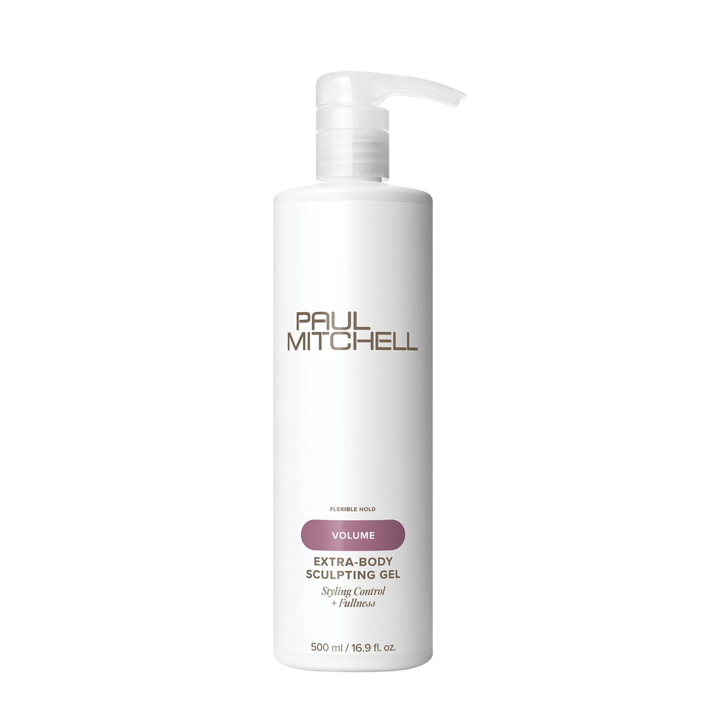 Paul Mitchell Extra-Body Sculpting Gel bottle close-up showing volumizing formula.