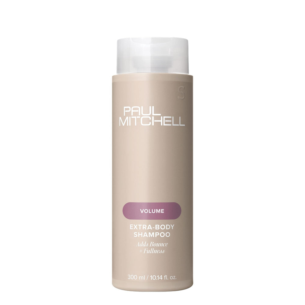 Paul Mitchell Extra-Body Shampoo: botella clara, volumen para cabello fino.