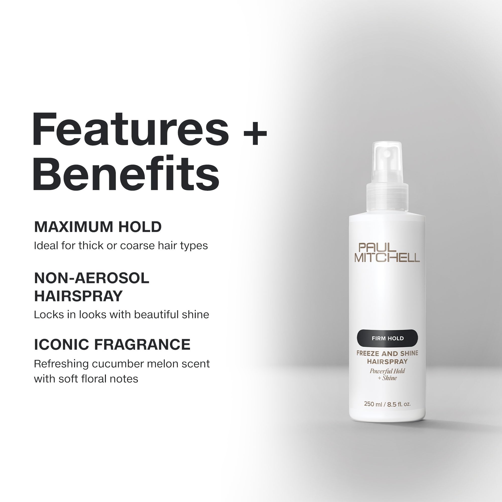 Paul Mitchell Freeze and Shine, primer plano de brillo intenso tras peinado.