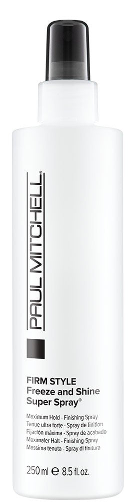 Paul Mitchell Freeze and Shine hairspray bottle—powerful hold for coarse hair.