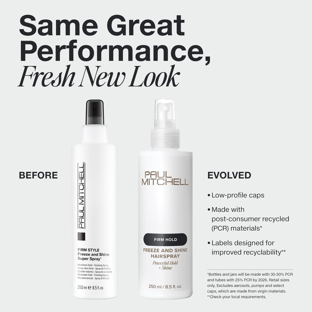 Paul Mitchell Freeze and Shine hairspray being sprayed to set a finished look with high shine.