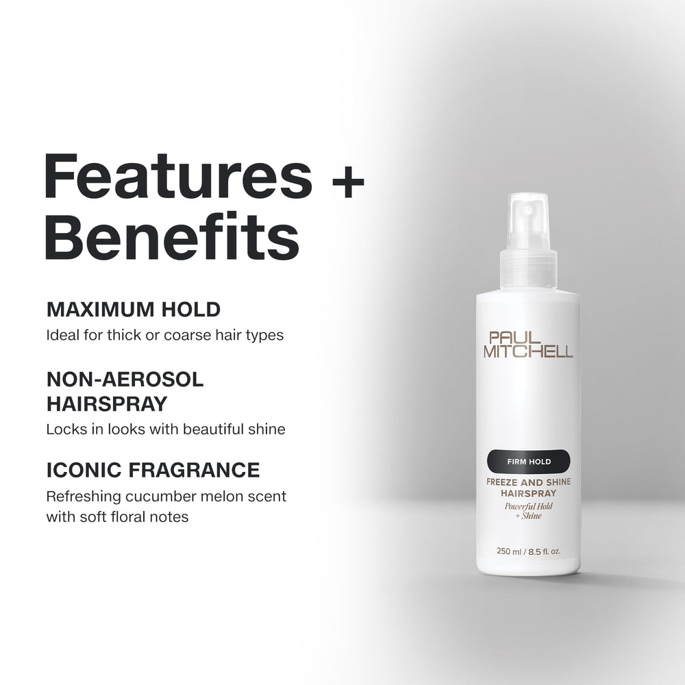 Paul Mitchell Freeze and Shine hairspray demonstrates strong hold for sleek style.