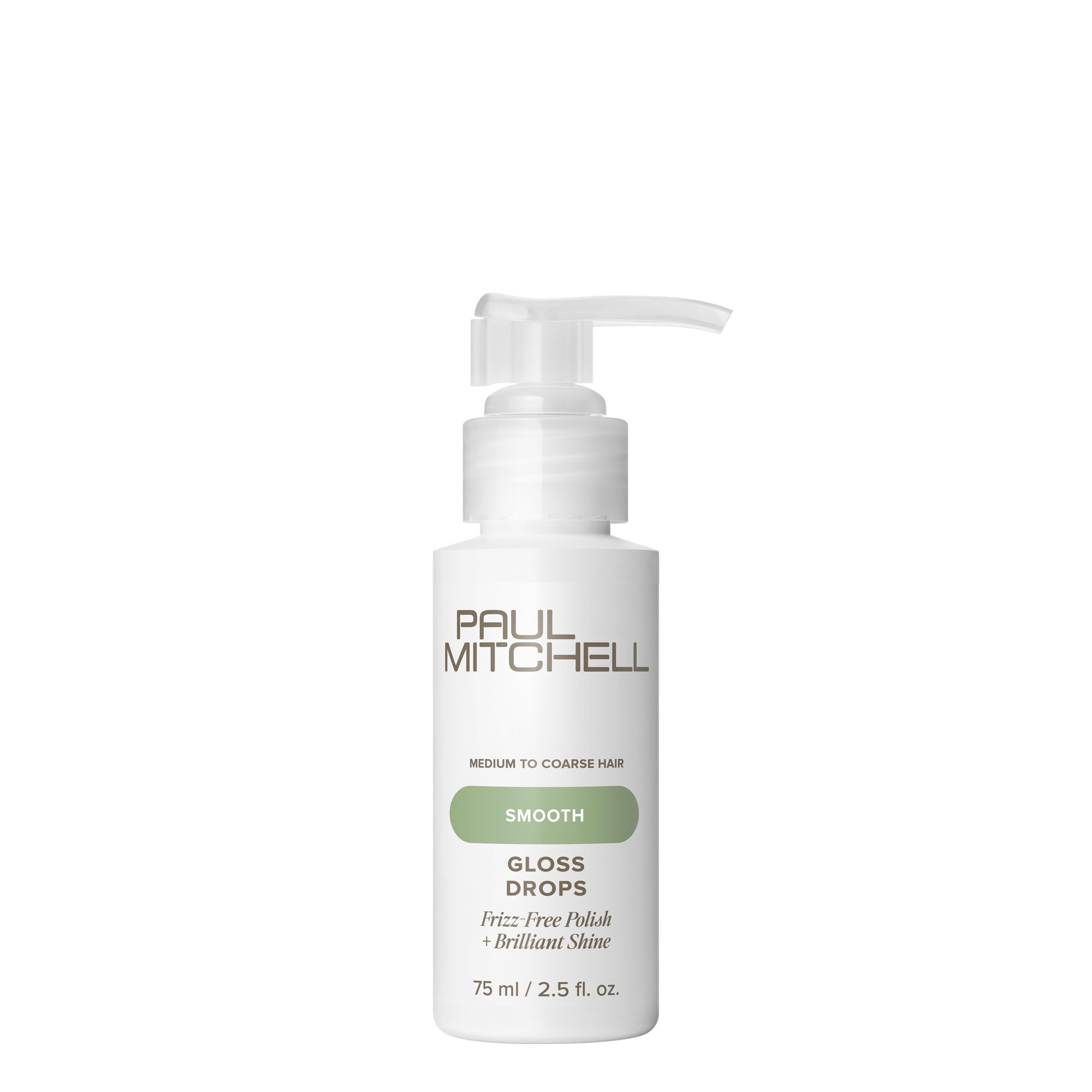 Paul Mitchell Gloss Drops serum bottle delivers luminous shine for smooth, frizz-free hair.