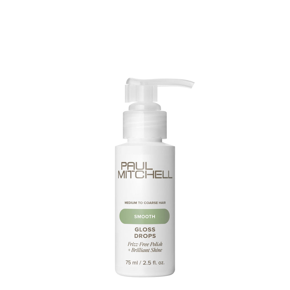 Paul Mitchell Gloss Drops serum bottle delivers luminous shine for smooth, frizz-free hair.