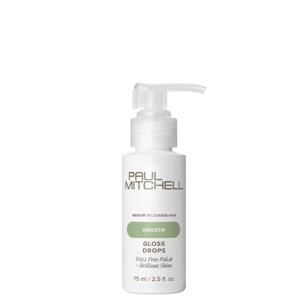 Paul Mitchell Gloss Drops serum bottle delivers luminous shine for smooth, frizz-free hair.