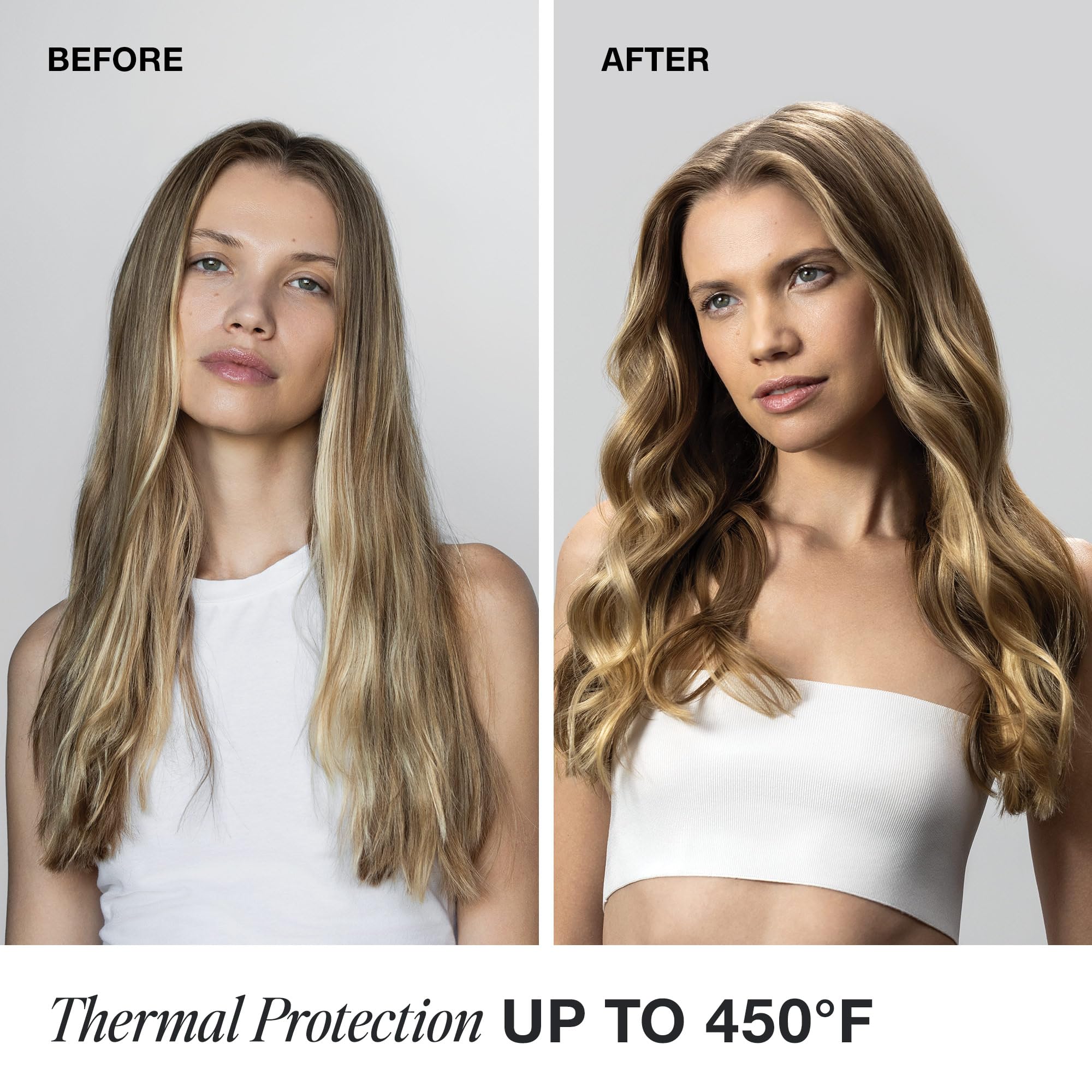 Wheat proteins in the formula support hair strength during heat styling.