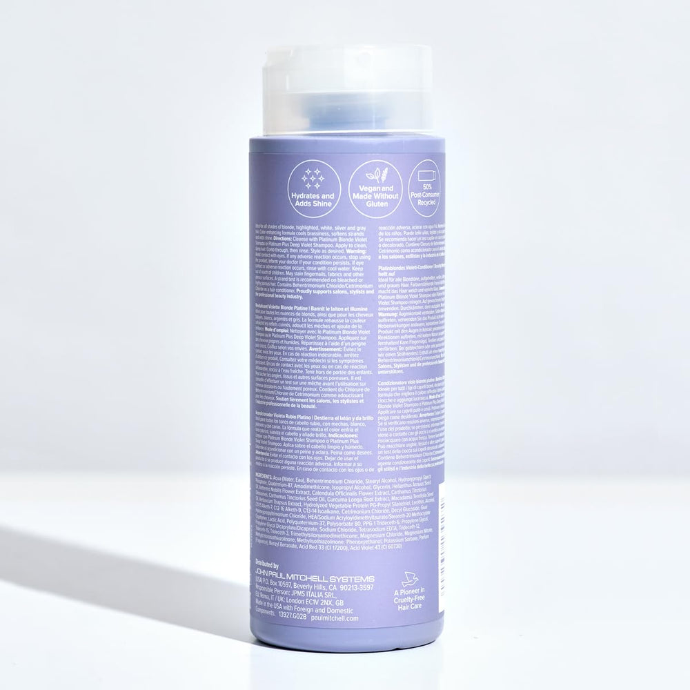 Para cabellos claros y plateados, Paul Mitchell Platinum Blonde Violet Conditioner deja cabello suave y brillante.