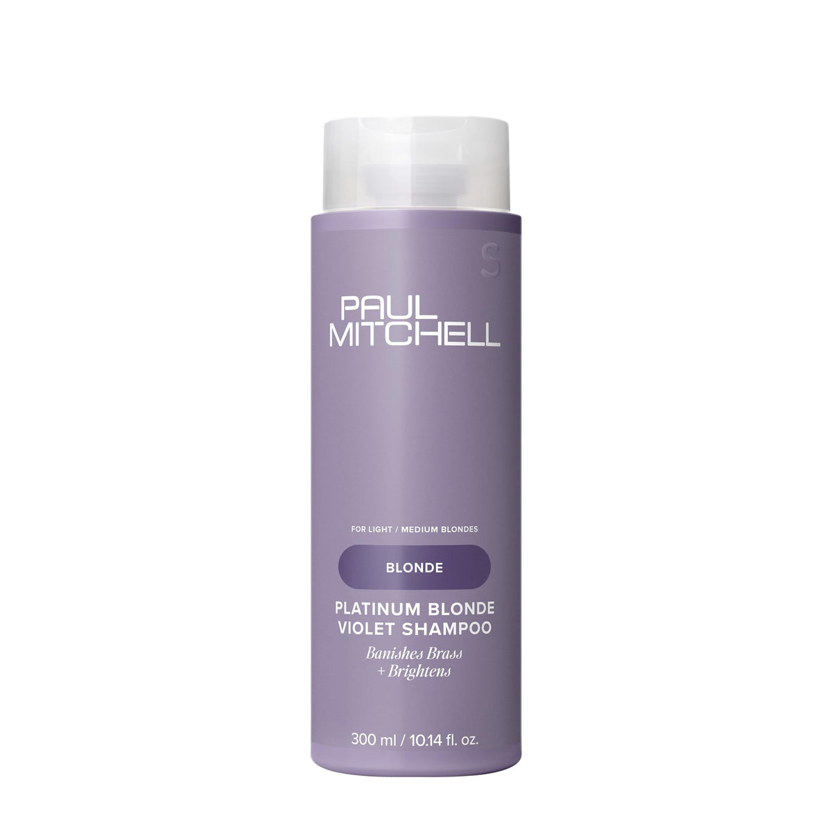 Shampoo Paul Mitchell Platinum Blonde Violet, botella en primer plano neutraliza tonos amarillos.