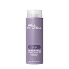 Shampoo Paul Mitchell Platinum Blonde Violet, botella en primer plano neutraliza tonos amarillos.