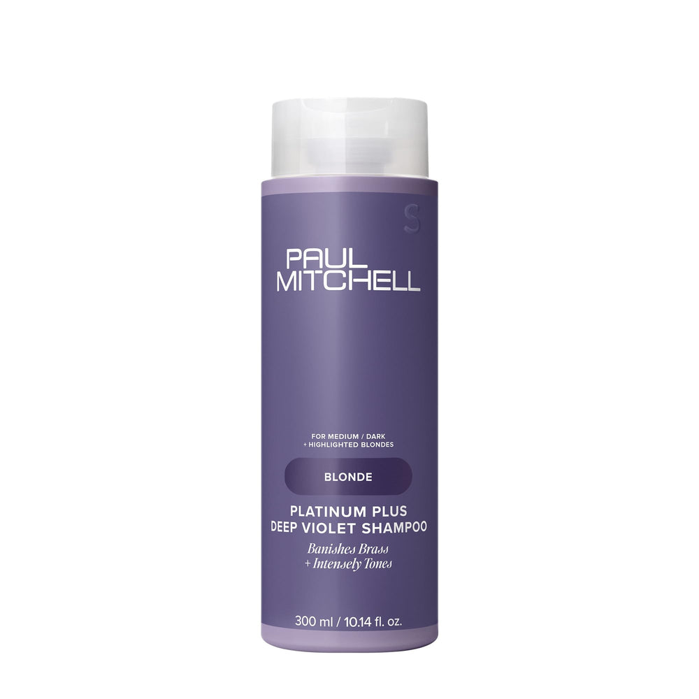 Paul Mitchell Platinum Plus Deep Violet Shampoo bottle showing brass-toning for blonde and silver hair