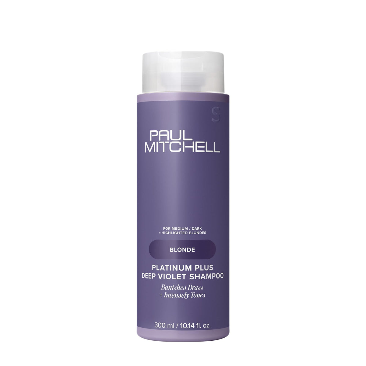 Paul Mitchell Platinum Plus Deep Violet Shampoo bottle showing brass-toning for blonde and silver hair