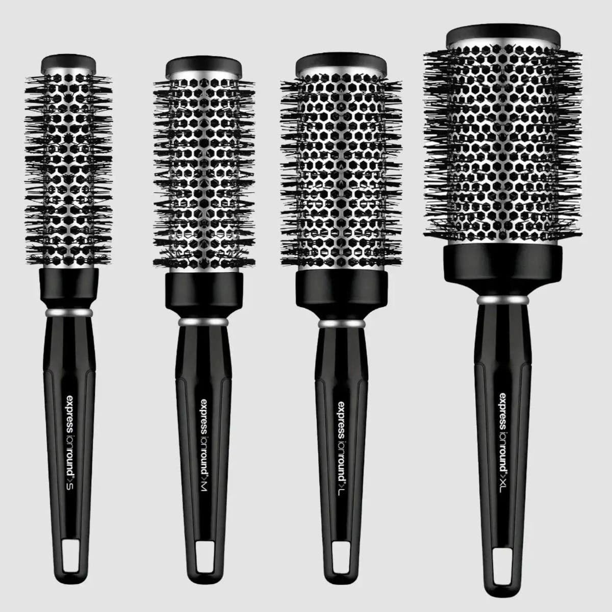 Express Ion Round Brush aluminum vented barrel heats to shape hair during blow-drying