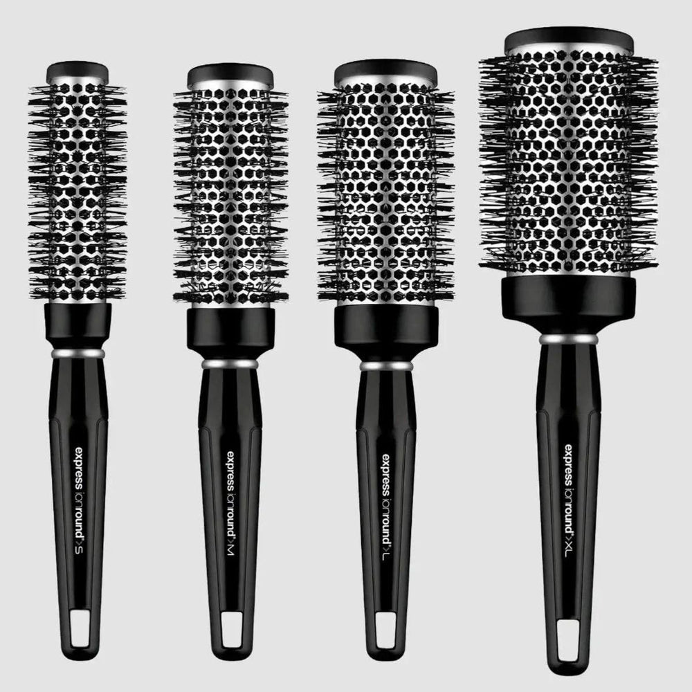 Express Ion Round Brush aluminum vented barrel heats to shape hair during blow-drying