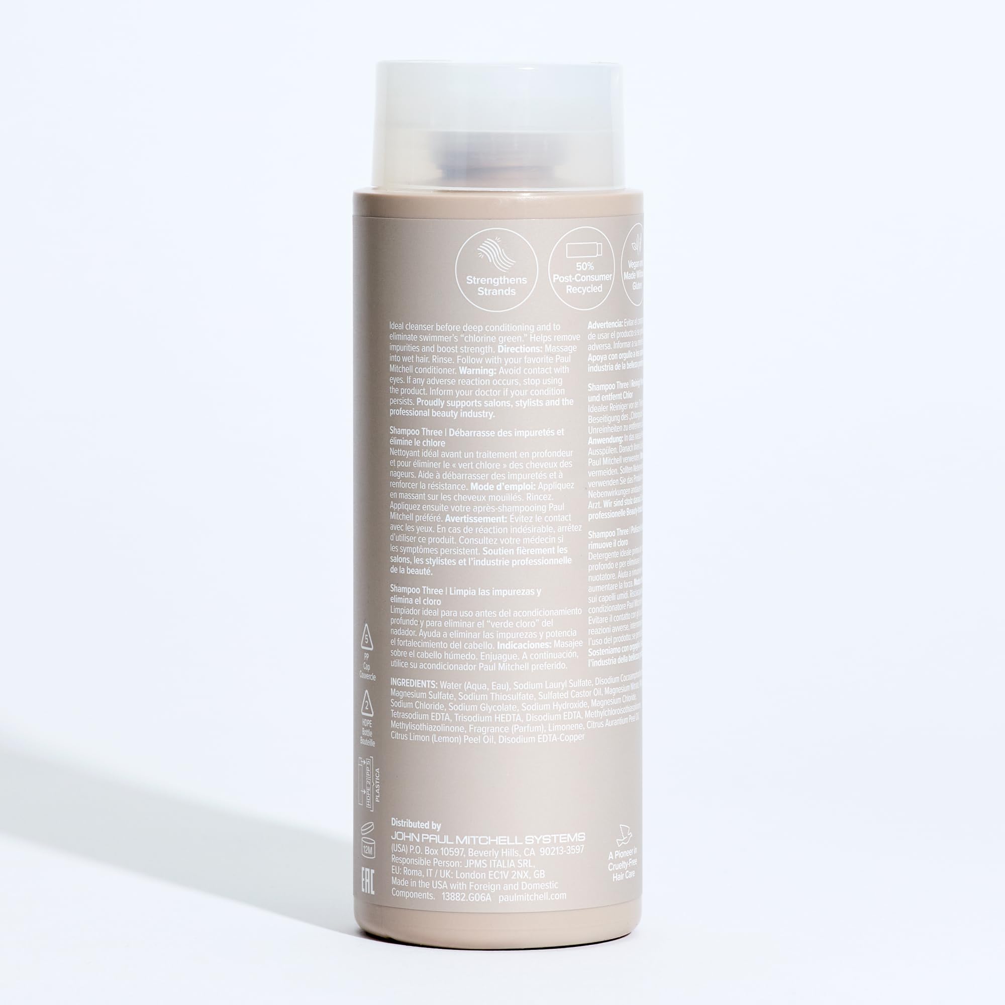 Paul Mitchell Shampoo Three, cloro eliminado, solución para cabello con residuo verdoso.