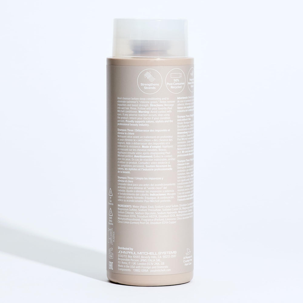 Paul Mitchell Shampoo Three, cloro eliminado, solución para cabello con residuo verdoso.