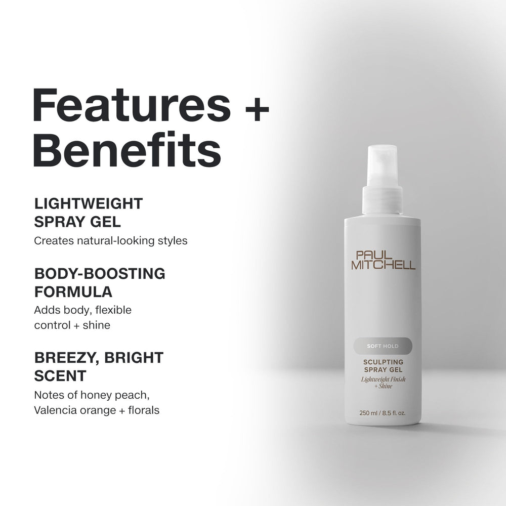 Hands applying Paul Mitchell Soft Sculpting Spray Gel to define natural curls.