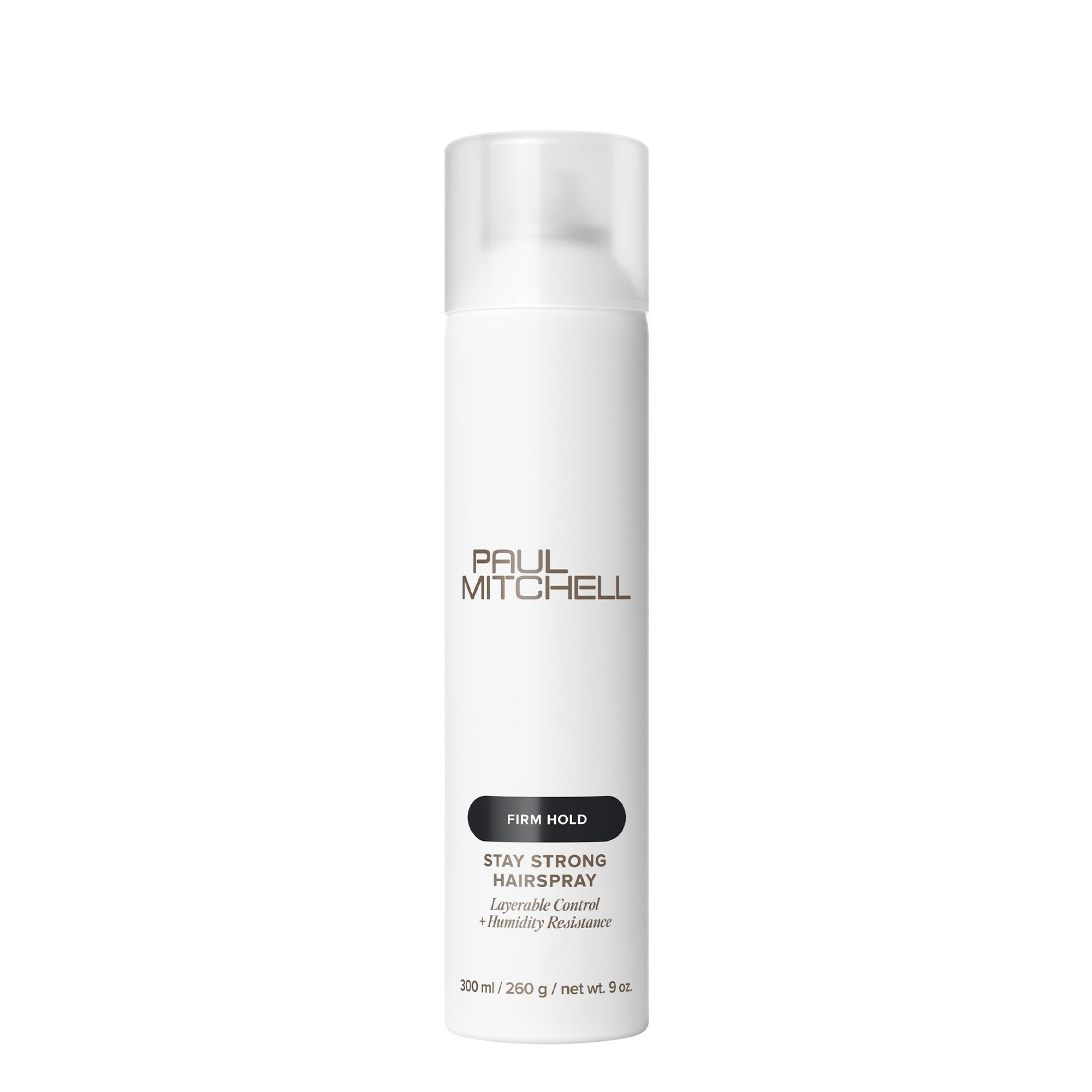Paul Mitchell Stay Strong hairspray bottle, fine mist for layered, humidity-resistant hold.