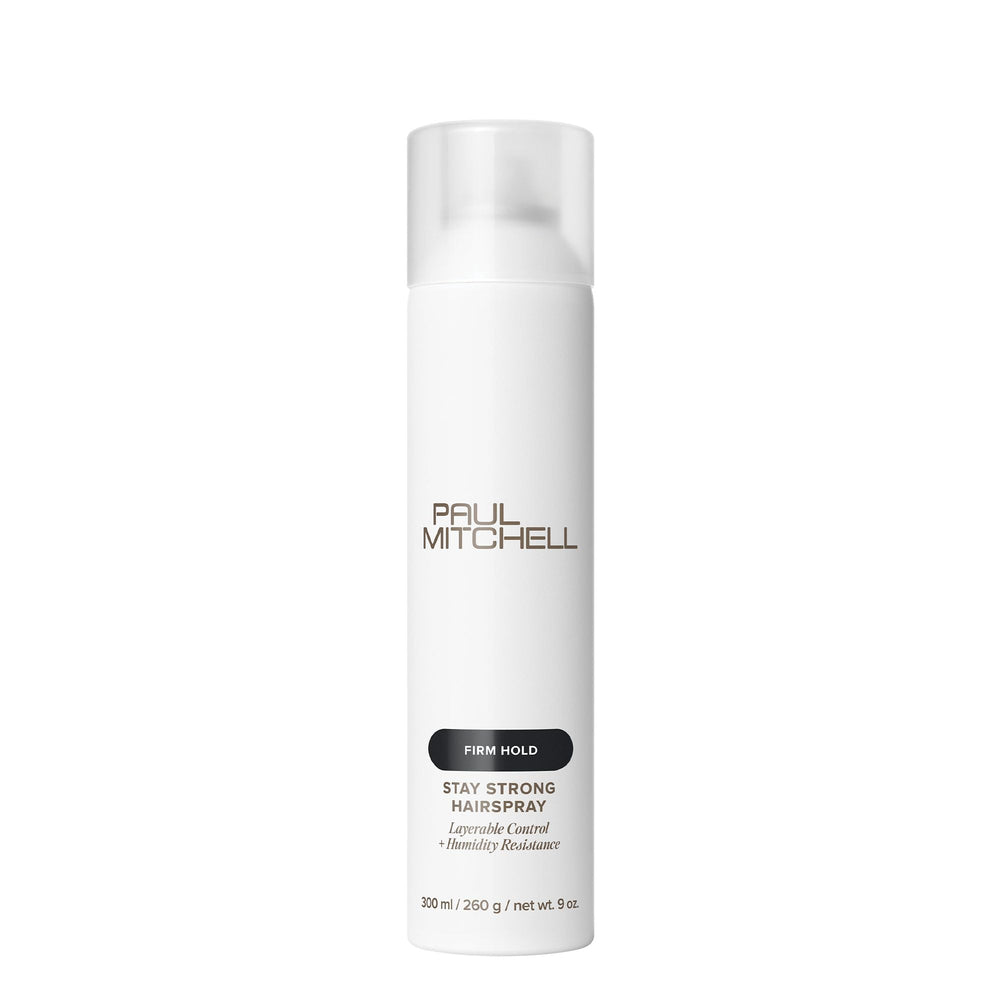 Paul Mitchell Stay Strong hairspray bottle, fine mist for layered, humidity-resistant hold.