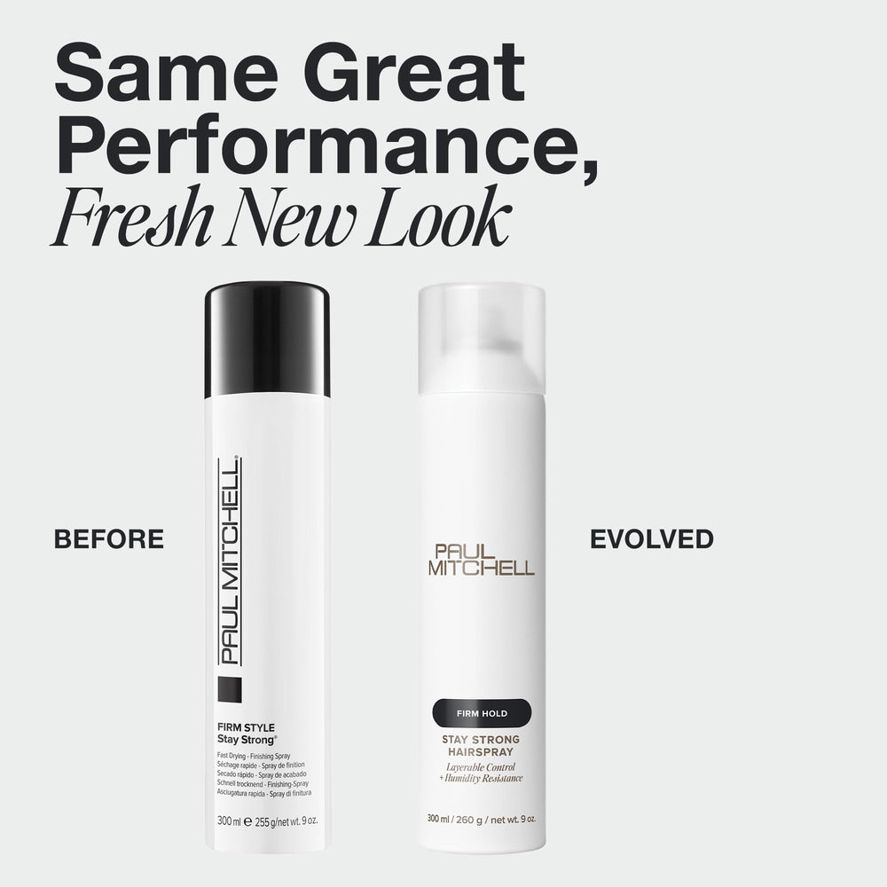 Stay Strong hairspray nozzle releasing layerable hold with quick-drying finish.