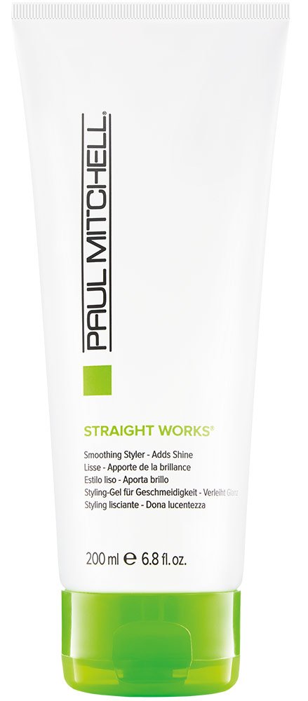 Paul Mitchell Straight Works gel bottle showing smoothing hold for frizzy hair